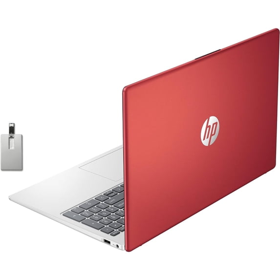 HP 15.6" HD Anti-Glare Everyday Laptop, Intel N200 Pentium Processor, 16GB DDR4 RAM, 128GB PCIe SSD, 1 Year Office 365, Intel UHD Graphics, Wi-Fi 6, Windows 11, Scarlet Red, 32GB Hotface USB Card