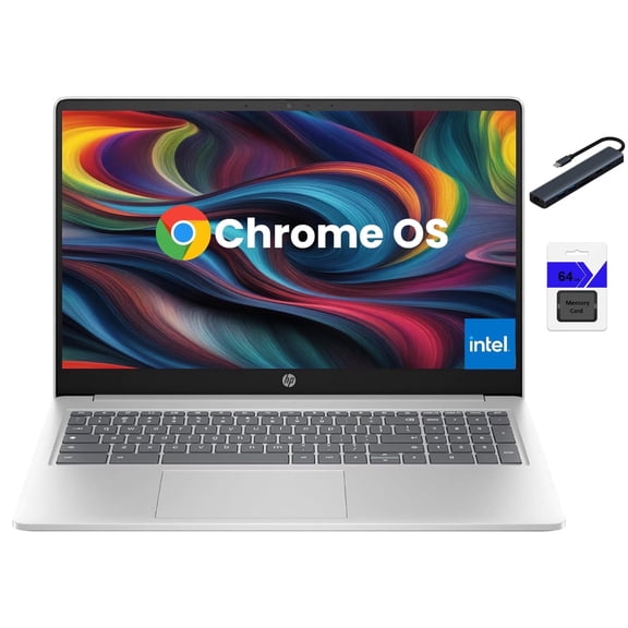 HP 15.6'' HD Display Chromebook Laptop for Student and Business, Intel Processor N200, 8GB DDR5 RAM, 64GB eMMC + 64GB Memory Card, Chrome OS, Natural Silver with Mazepoly Accessories