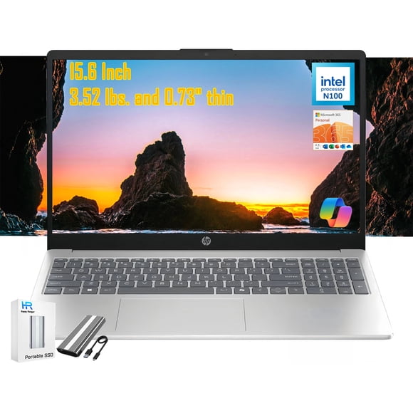 HP 15.6" HD Laptop Computer for Students and Business, Intel Processor N100, Copilot AI 1-Year Microsoft 365, 4GB RAM 128GB UFS, Type-C HDMI WiFi 6 Bluetooth, Win 11 H, w/128GB Portable SSD to USB