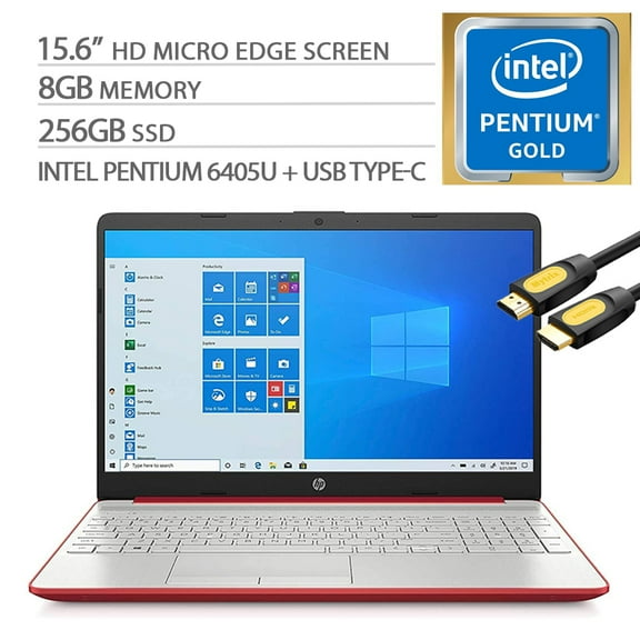 HP 15.6" HD Micro-Edge Laptop, Intel Pentium Gold 6405U up to 2.40 GHz, 8GB RAM, 256GB SSD, WebCam, USB Type-C, Ethernet, HDMI, Mytrix HDMI Cable, Win 10 Home S