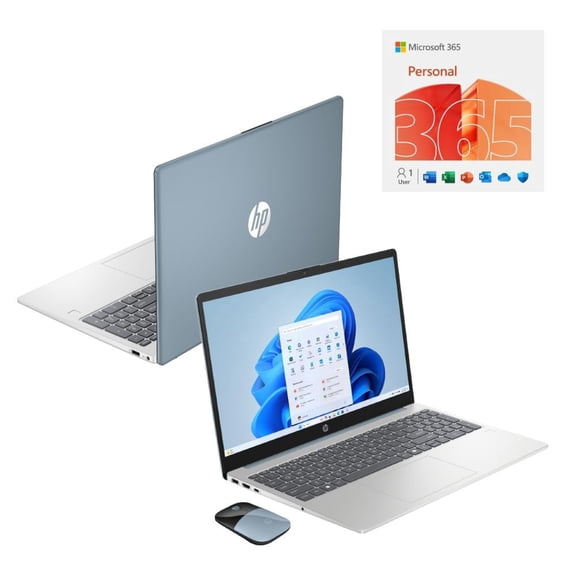 HP 15.6" HD AI Laptop with Copilot Intel N100 4GB RAM 128GB UFS Moonlight Blue + HP Wireless Mouse + One Year M365 Subscription