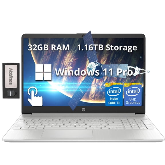 HP 15.6" HD Touchscreen Laptop, Intel i3-1215U, 32GB RAM, 1.16TB Storage(1TB SSD+160GB Docking Station Set), Intel UHD Graphics, Num Pad, Webcam, Fast Charge, Win 11 Pro, Silver