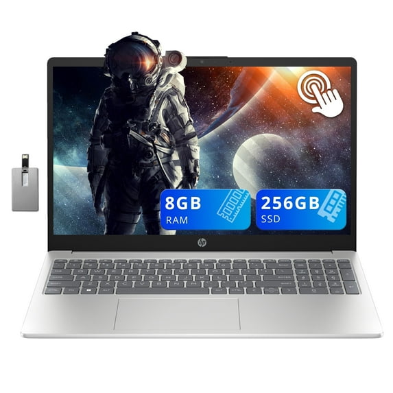 HP 15.6" HD Touchscreen Student Laptop, Intel i3-1215U, 8GB RAM, 256GB PCIe SSD, Intel UHD Graphics, Numeric Keypad, HD Webcam, Win 11 Pro, Natural Silver, 32GB USB Card