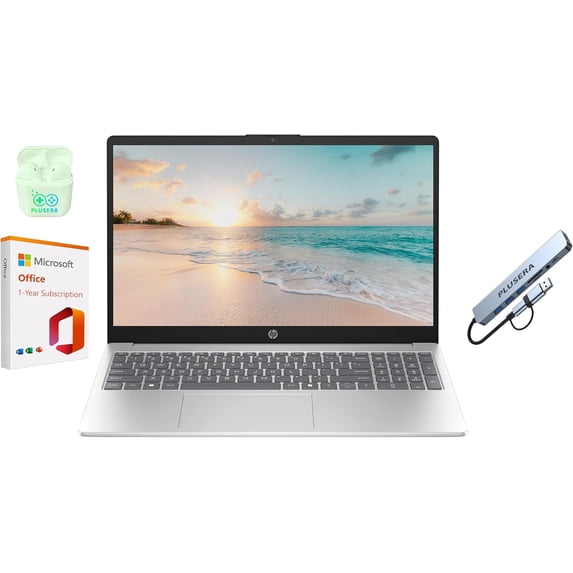 HP 15.6" LED Laptop Computer, 32GB RAM 640GB Storage (128GB UFS+512GB Docking Set), Quad-Cores Intel Pentium, Windows 11 S with 1-Year Microsoft Office 365 Included, PLUSERA Earphones, Natural Silver