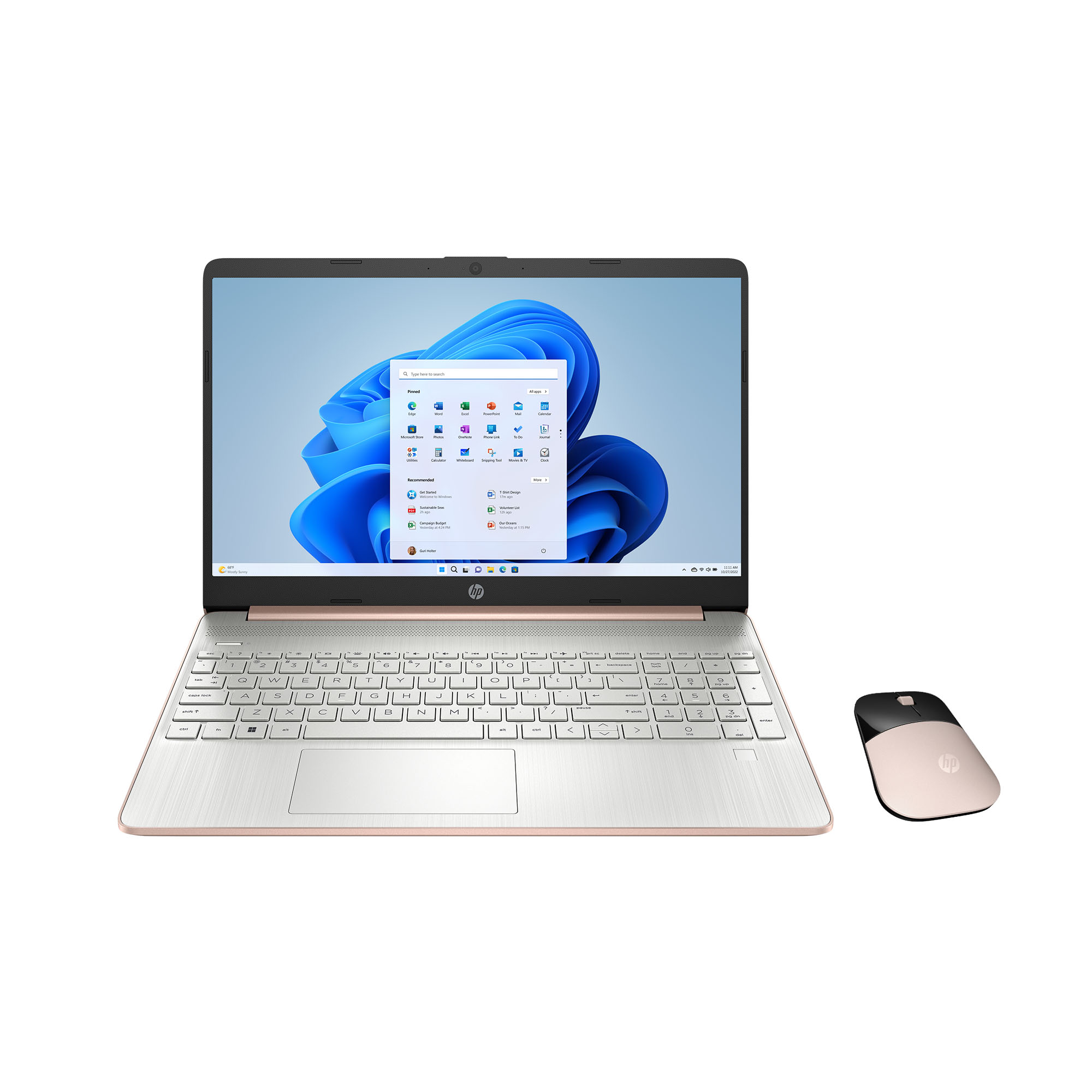 HP 15.6" Laptop Bundle, AMD Ryzen 3 3250U, 4GB RAM, 128GB SSD, Wireless Mouse, Pale Rose Gold, Windows 11 Home in S mode, 15-ef1716wm - image 1 of 11
