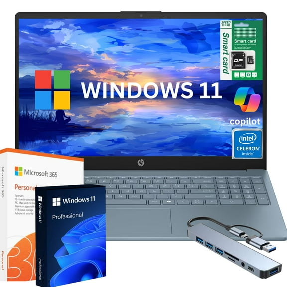 HP 15.6" Laptop, Intel N200 Processor, 8GB RAM, 256GB Storage(128GB SSD+128GB SD CARD), Windows 11 Pro, 1-Year Office, Student & Business Notebook Midnight Blue
