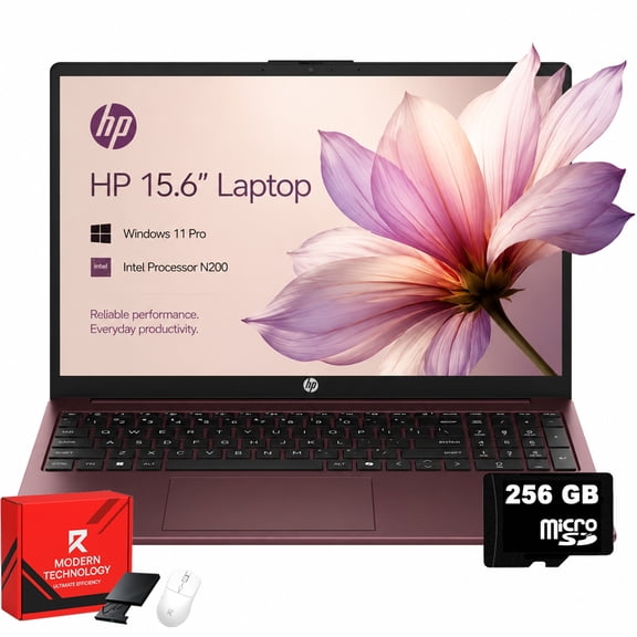 HP 15.6 Laptop, Intel Processor N200, 32GB RAM, 128GB UFS, 256GB SD Card Expansion, 15.6" HD Micro-Edge Screen, 720p HD Privacy Camera, Windows 11 Pro