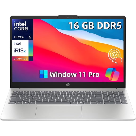 HP 15.6 Touchscreen Laptop , 16 GB DDR5 RAM 512 GB SSD , Intel Ultra 5 225U, 24 NPU TOPS ,15.6 inch Anti-glare LED Display , Intel Iris Xe Graphics , Windows 11 Pro , AI Noise Reduction