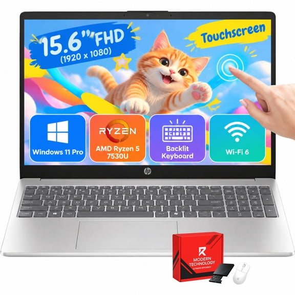 HP 15.6" Touchscreen Laptop, AMD Ryzen 5 7530U, 8GB RAM 512GB SSD, FHD IPS Anti-Glare Display, Windows 11 Pro, Copilot AI, Wi-Fi 6, Backlit Keyboard
