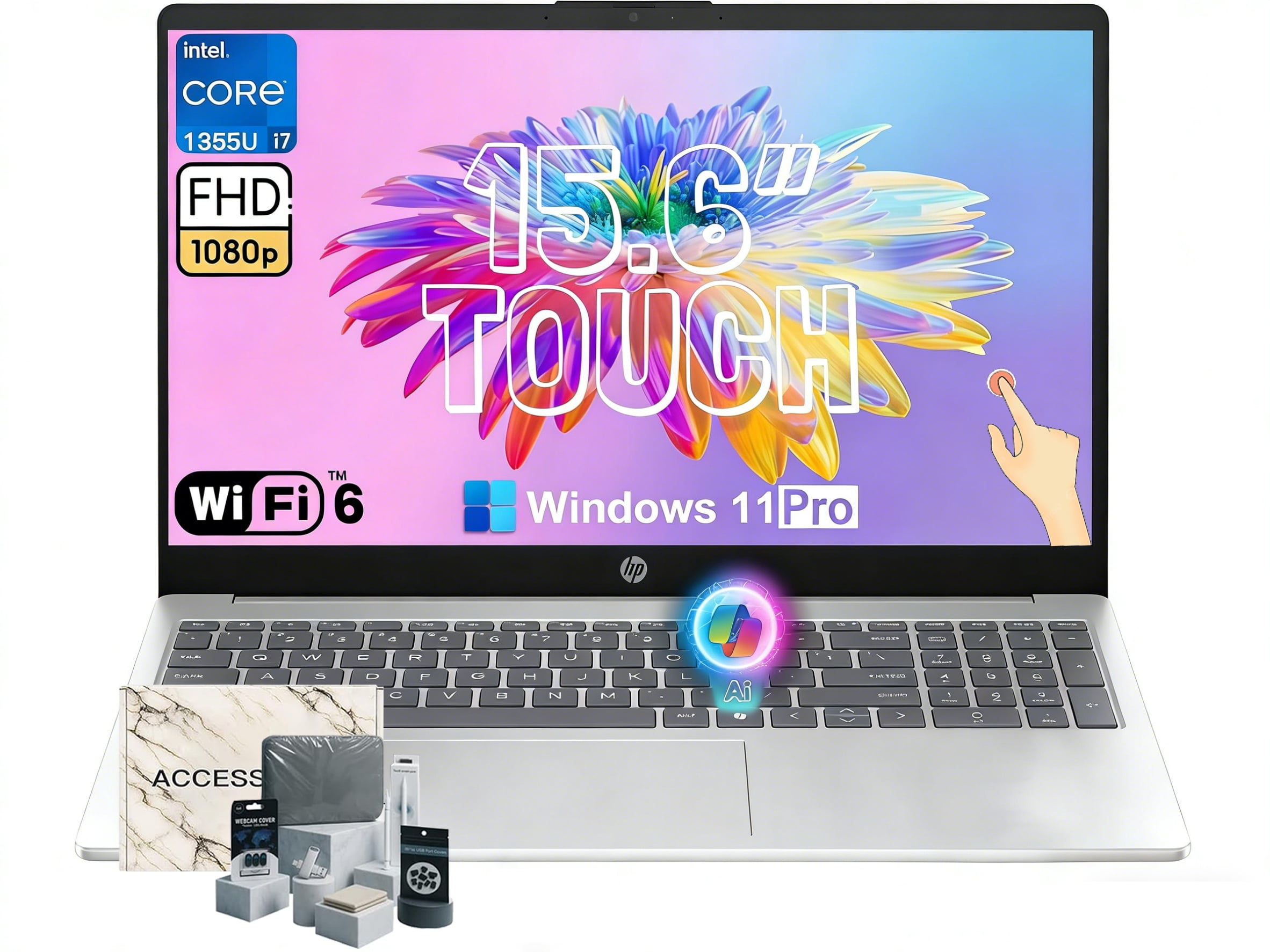 HP 15.6 Touchscreen Laptop Computer for Business, Intel 10-Core i7-1355U, 16GB RAM, 512GB SSD, 15.6" FHD Touch Screen, Intel Iris Xe GPU, Wi-Fi 6, Copilot, Windows 11 Pro