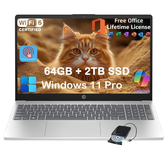 HP 15.6 Touchscreen Laptop Computer for Business & Student, w/Office Lifetime, Intel 13th Gen Core i3(Up to 4.5GHz), HD Touch Display, 64GB RAM, 2TB SSD, AI Copilot, Win 11 Pro, External DVD Drive