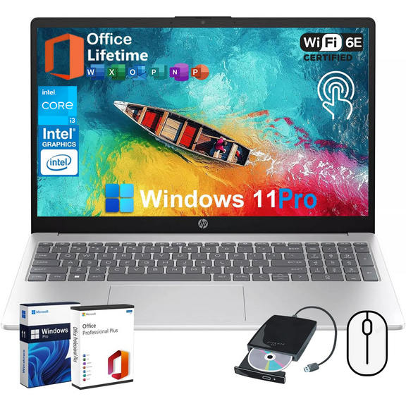HP 15.6" Touchscreen Laptop Computer, Intel 6-core i3-1215U, Intel UHD Graphics, 16GB RAM, 512GB SSD, Wi-Fi 6E, HDMI, Bluetooth, Windows 11 Pro & Office Pro Lifetime License