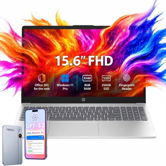 HP 15.6 Laptop, Intel Core i3-N305, 8GB RAM, 256GB SSD, Fingerprint Reader, Office 365 for the web, Windows 11 Pro, Silver
