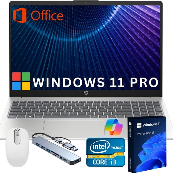 HP 15.6 inch FHD IPS Windows 11 Pro Laptop Intel Core i3-N305 16GB 256GB SSD Silver Lifetime Office