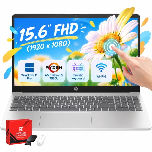 HP 15.6-inch Laptop Touchscreen, AMD Ryzen 5 7530U, 8GB RAM, 512GB SSD, Windows 11 Pro, 15" FHD Display, Backlit KB, Numeric Keypad, Wi-Fi 6