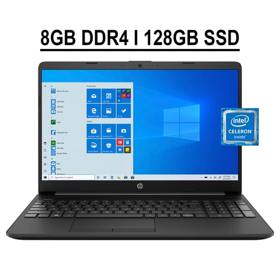HP 15 Business Laptop 15.6" Diagonal FHD IPS Anti-glare Display Intel Celeron N4020 Processor 8GB DDR4 128GB SSD Intel UHD Graphics 600 HDMI USB-C WIFI5 HD Webcam Bluetooth Win10 Black