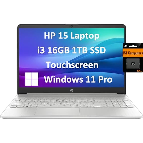 HP 15 Laptop (15.6" HD+ Touchscreen, Intel Core i3-1215U (Beats i5-1135G7), 16GB RAM, 1TB SSD) Home & Business PC, Narrow-Bezel, Long Battery Life, Webcam, Numpad, IST SD Card, Win 11 Pro, Silver