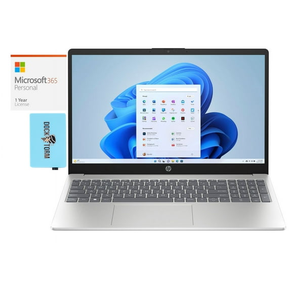 HP 15-fc00 Home/Business Laptop (AMD Ryzen 5 7520U 4-Core, 15.6in 60 Hz Full HD (1920x1080), AMD Radeon, 16GB LPDDR5 5500MHz RAM, Win 11 Home S-Mode) with Microsoft 365 Personal , Dockztorm Hub