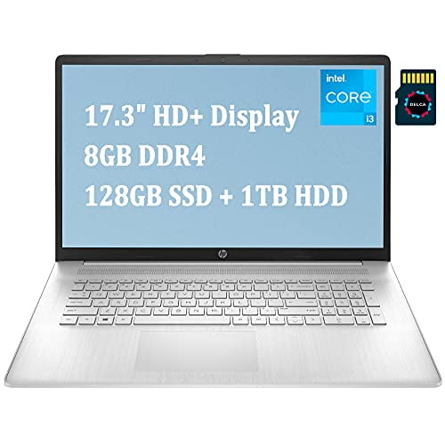 HP 17 2021 Premium Business Laptop Computer I 17.3" HD+ Display I 11th Gen Intel Core i3-1115G4 (> i5-8265U) I 8GB DDR4 128GB SSD 1TB HDD I USB-C HDMI WiFi Win10 Silver + Delca 32GB Micro SD Card
