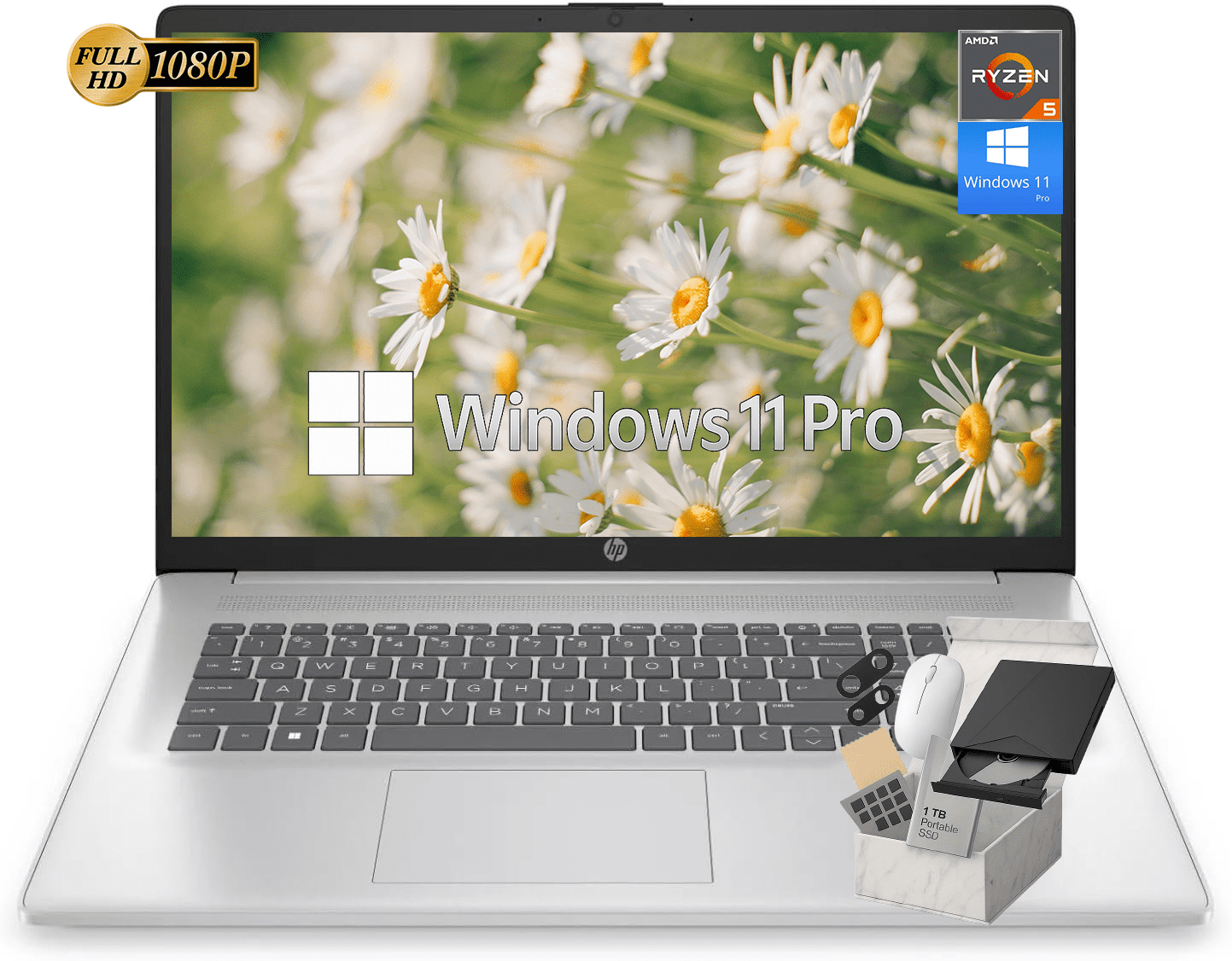 HP 17.3" Business Laptop, FHD(1920×1080) IPS, AMD Ryzen 5 7430U, 64GB RAM, 2TB SSD, Webcam, Wi-Fi 6, Win 11 Pro