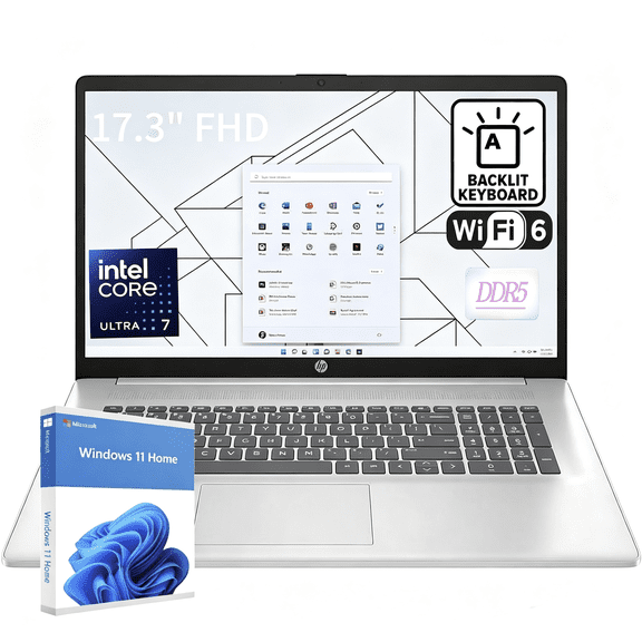 HP 17.3” FHD AI Laptop, Intel Core Ultra 7 255U (Up to 5.2GHz), 16GB DDR5 RAM, 256GB SSD, Windows 11 Home, Wi-Fi 6, Backlit Keyboard, Numeric Keypad, Natural Silver