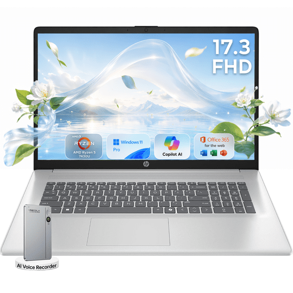 HP 17.3" FHD Business Laptop, AMD Ryzen 5 7430U, 32GB RAM 512GB SSD, Windows 11 Pro with Reclox AI Voice Recorder, Copilot AI
