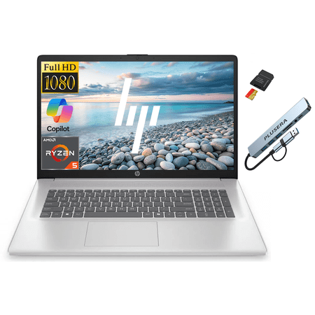 HP 17.3" FHD Business Laptop Computer, Windows 11 Laptop, AMD Ryzen 5 Processor, 32GB RAM 1.5TB Storage (1TB SSD+512GB SD Card), Copilot AI Ready, Numeric Keypad, PLUSERA 8-in-1 Hub, Natural Silver