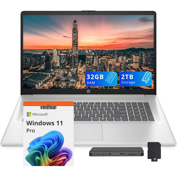 HP 17.3" FHD Business Laptop, Intel i7-1355U, 32GB RAM, 2TB Storage (1TB SSD+1TB Docking Station Set), Intel Iris Xe Graphics, Full-Size Keyboard, Copilot, Wi-Fi 6, Webcam, Windows 11 Pro, Silver