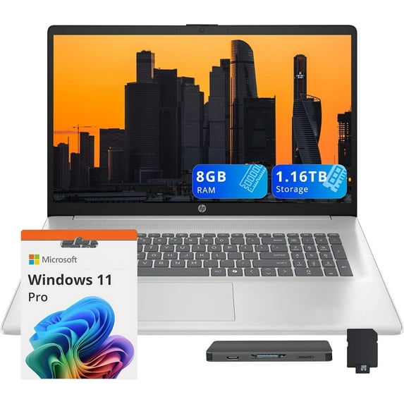 HP 17.3" FHD IPS Business Laptop, AMD Ryzen 5 7520U, 8GB LPDDR5, 1.16TB Storage (1TB SSD+160GB Docking Station Set), AMD Radeon Graphics, Numeric Keypad, Wi-Fi 6, Windows 11 Pro, Silver