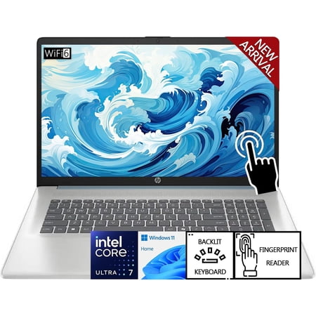 HP 17.3" FHD Touchscreen Laptop, Intel Core Ultra 7 255U (12 Core, 14 Thread, Up to 5.2GHz), 16GB DDR5 RAM, 1TB SSD, Fingerprint Reader, Backlit Keyboard, Touchscreen Display, Windows 11 Home