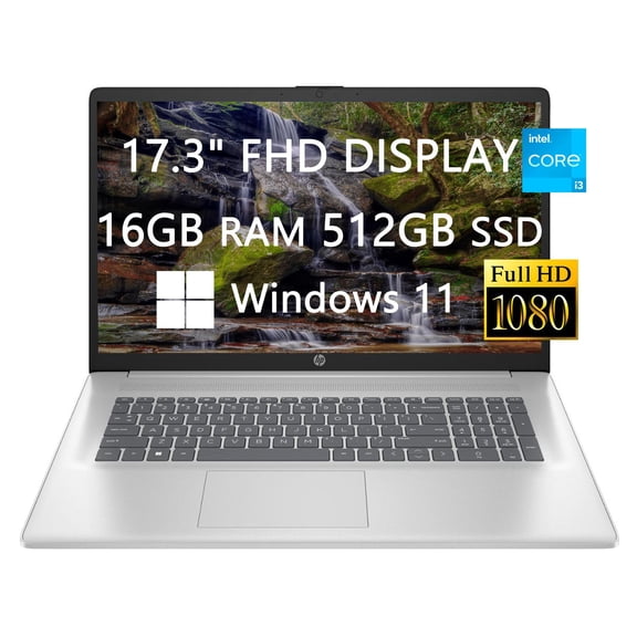 HP 17.3 FHD Upgraded Laptop, Intel Core i3-1215U Processor, Intel UHD Graphics, 16GB RAM, 512GB SSD, Webcam, Wi-Fi, Bluetooth, USB-C, Fast Charge, Windows 11, School and Business Ready, LIONEYE Bundle