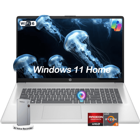 HP 17.3" FHD, inch laptops, AMD Ryzen 5 7430U, 8GB RAM 256GB SSD, Windows 11 Home, Copilot AI, RECOLX AI Voice Recorder