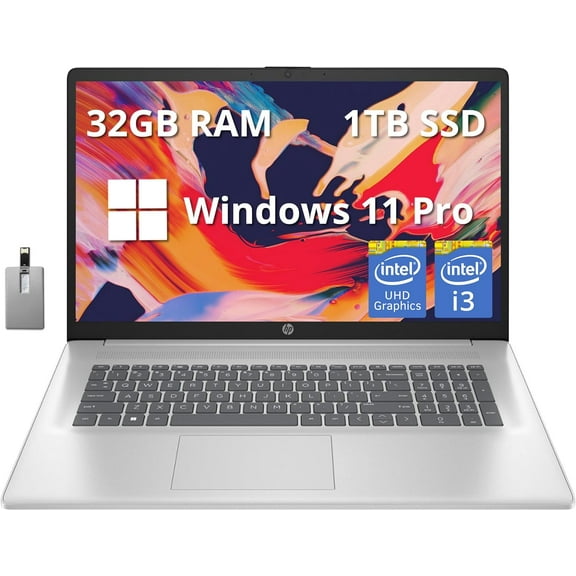 HP 17.3" Full HD Laptop, Intel Core i3-1215U Processor, 32GB RAM, 1TB PCIe SSD, Intel UHD Graphics, Numeric Keypad, 720p HD Webcam, Windows 11 Pro, Natural Silver, 32GB Hotface USB Card