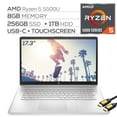 thumbnail image 1 of HP 17.3" HD+ Touchscreen Laptop, AMD Ryzen 5 5500U (beat i5-10500) 6-Core up to 4.0GHz, 8GB RAM, 256GB SSD+1TB HDD, USB-C, Numeric Keypad, HDMI, Webcam, WiFi, Mytrix HDMI Cable, Win 10, 1 of 7