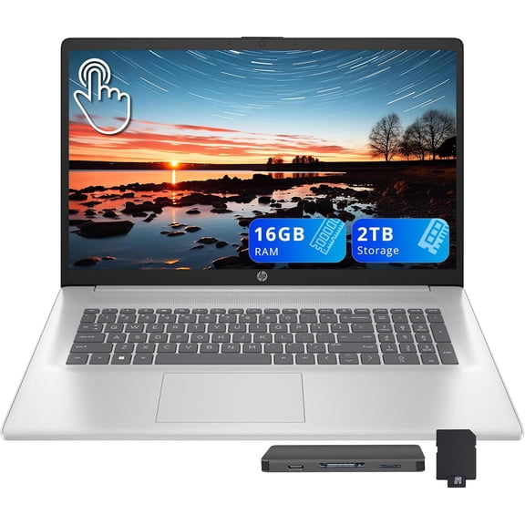 HP 17.3" HD+ Touchscreen Laptop, AMD Ryzen 5 7430U, 16GB DDR4 RAM, 2TB Storage (1TB SSD+1TB Docking Station Set), AMD Radeon Graphics, Numeric Keypad, 720p HD Camera, Wi-Fi 6, Windows 11, Silver