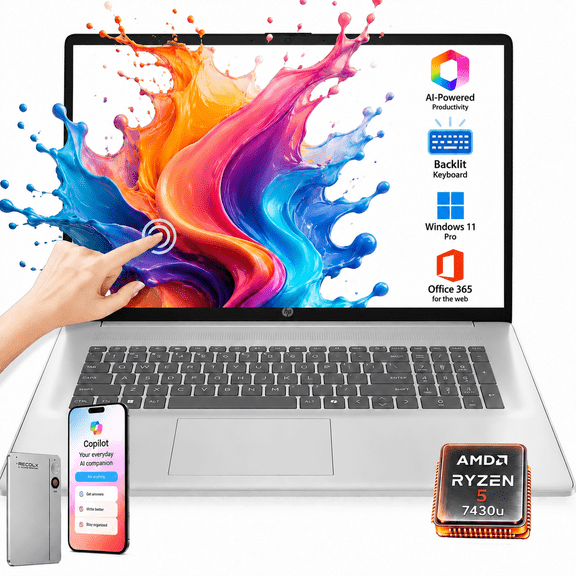 HP 17.3" HD Touchscreen Laptop, AMD Ryzen 5 7430U, 20GB RAM, 512GB SSD, Windows 11 Pro, Backlit Keyboard, AI Copilot, Silver, w/Accessory
