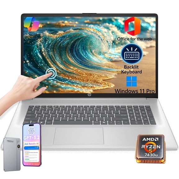 HP 17.3" HD+ Touchscreen Laptop, AMD Ryzen 5 7430U, 8GB RAM, 256GB SSD, Windows 11 Pro, Backlit Keyboard, AI Copilot, Silver, w/Accessory
