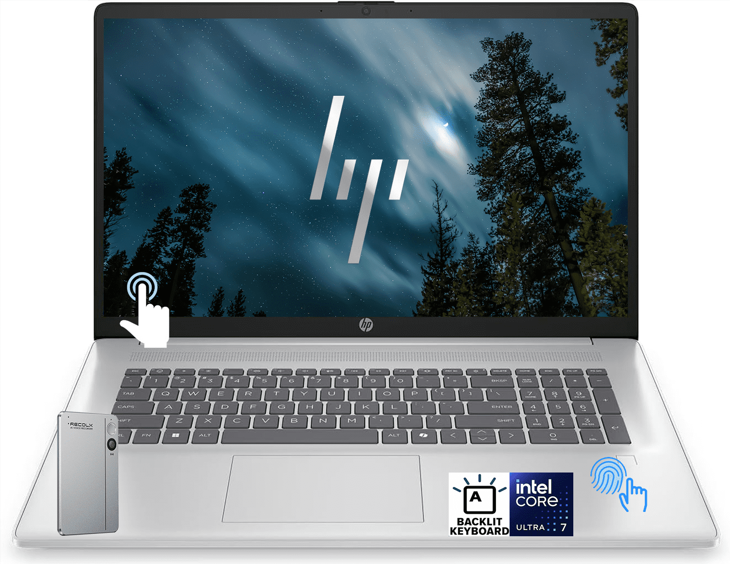 HP 17.3" HD+ Touchscreen Laptop, Intel Core Ultra 7 255U,8GB DDR5, 256GB SSD, Backlit Keyboard, Windows 11 Home, w/RECOLX AI Voice Recorder