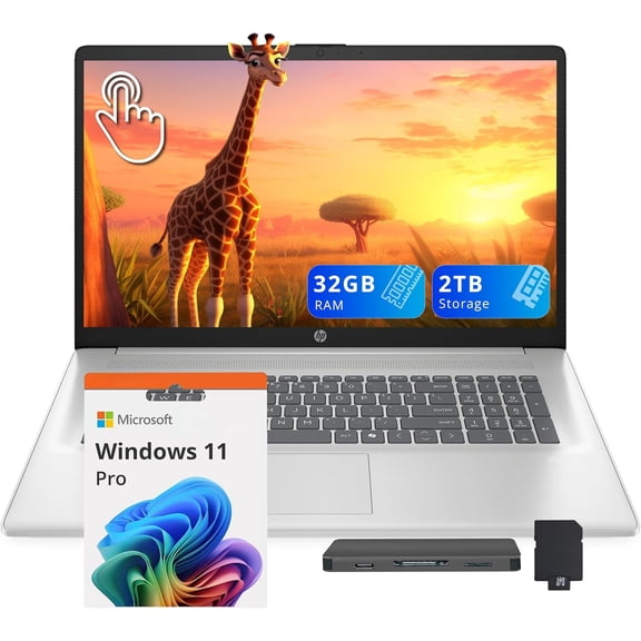 HP 17.3" HD+ Touchscreen Laptop, Intel Ultra 7 255U, 32GB DDR5, 2TB Storage (1TB SSD+1TB Docking Station Set), ‎Intel Graphics, Backlit Keyboard, Num Pad, HD Webcam, Wi-Fi 6, Win 11 Pro, Silver