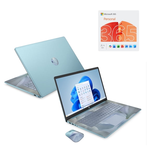 HP 17.3" HD+ Touchscreen AI Laptop with Copilot Intel N100 4GB RAM 128GB UFS Spring Iridescence + HP Wireless Mouse + 1 Year Microsoft 365 Subscription Bundle