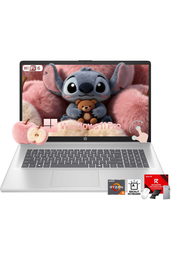 HP 17.3 Inch Touchscreen Laptop Computer for Business, AMD Ryzen 5 7430U, 16 GB RAM, 512 GB SSD, Copilot AI, Wi-Fi 6, Bluetooth 5.4, Fast Charge, Windows 11 Pro, Accessories