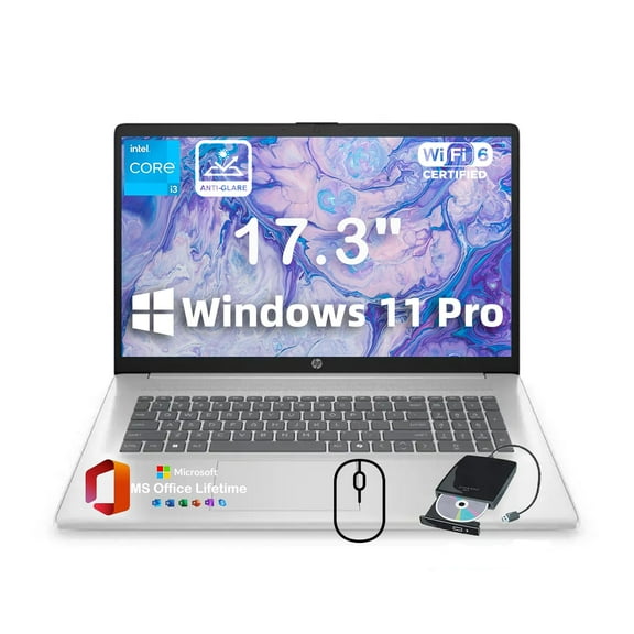 HP 17.3" Laptop for Business and Students 2025 * w/Office & External DVD Drive * HD+ Anti-Glare Display * Intel (8-Core) i3 - N305 * Win 11 Pro * Wi-Fi 6 * Copilot AI * 16GB RAM * 512GB SSD