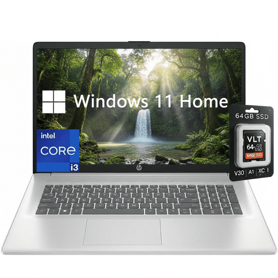 HP 17.3” Laptop, Intel Core i3, 16GB RAM, 256GB SSD, Windows 11 Pro, Silver with 64GB SD Card