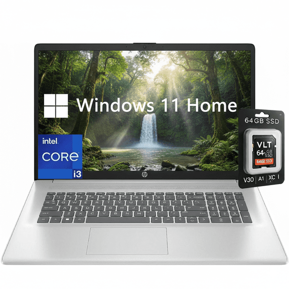 HP 17.3” Laptop, Intel Core i3, 16GB RAM, 256GB SSD, Windows 11 Pro, Silver with 64GB SD Card
