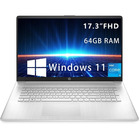 HP 17.3" Laptop, Intel i5-1135G7 Processor, 64GB RAM, 1TB SSD, IPS Full HD Display, HDMI, USB-Type C, Intel Iris Xe Graphics, Windows 11 Home, Silver