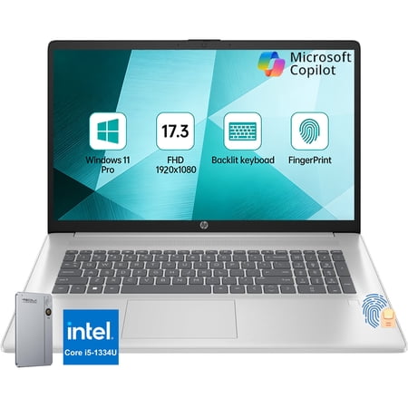 HP 17.3" Laptop for Students & Home Office, Intel Core i5-1334U, 8GB RAM, 256GB SSD, Backlit Keyboard, Fingerprint Reader, Windows 11 Pro, Privacy Camera, Fast Charge, Silver
