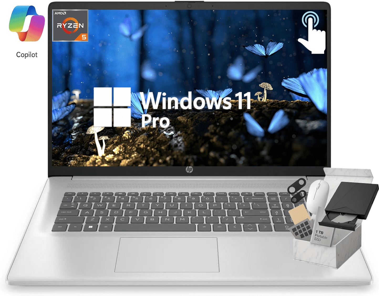 HP 17.3" Touchscreen Laptop, 17.3" HD+ Anti Glare Display, AMD Ryzen 5 7430U CPU, Wi-Fi 6, Win 11 Pro, Copilot (32GB RAM | 1TB SSD)