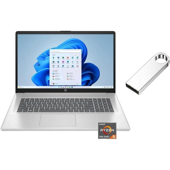 HP 17.3 inch 1920 x 1080 (Full HD) Laptop | AMD Ryzen 5 7430U(Beat i7-1255U) | AMD Radeon graphics | HDMI|Silver| 32GB RAM | 1024GB SSD | Windows 11 S | Bundle with 64GB USB Flash Drive