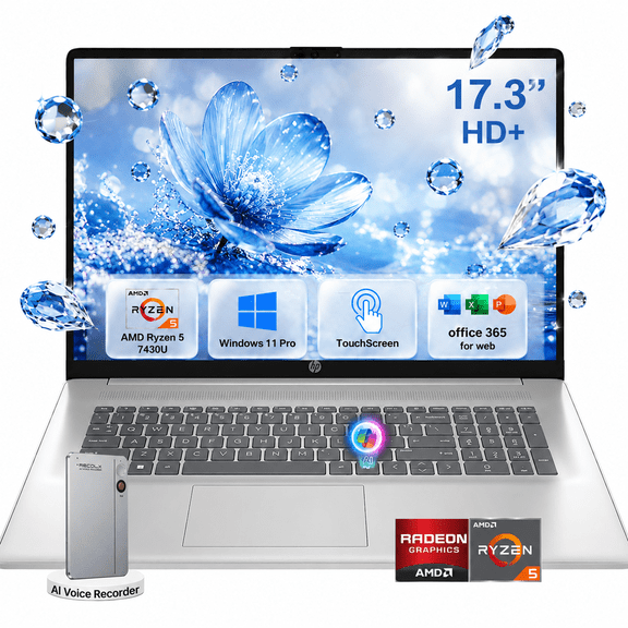 HP 17.3HD+ Laptop Computer, AMD Ryzen 5 7430U, 12GB RAM, 512GB SSD, Backlit Keyboard, Windows 11 Pro, w/Accessory