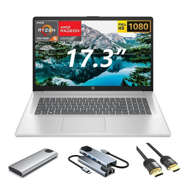 HP 17.3 inch Laptop, FHD Display, 6-Core AMD Ryzen 5 7430U, 16GB RAM, 512GB SSD + 256GB Portable SSD, WiFi6, Webcam, KeyPad, 4K HDMI Cable + 5-in-1 Hub Bundle, Windows 11 Home